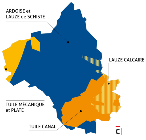 Répartition des matériaux de couverture dans le département de l’Aveyron - Carte C.A.U.E. de l’Aveyron.
